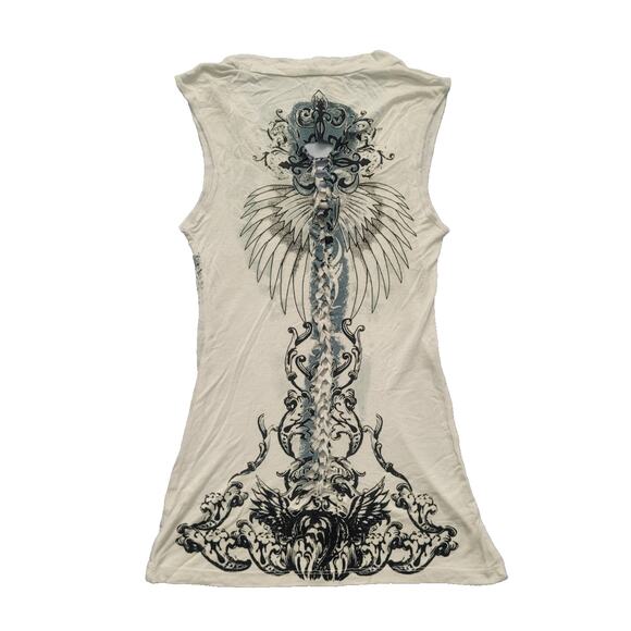 Y2K Graphic Print Rhinestone Angel Wings Cut Out Tank Top Size S White Grunge - Picture 1 of 8